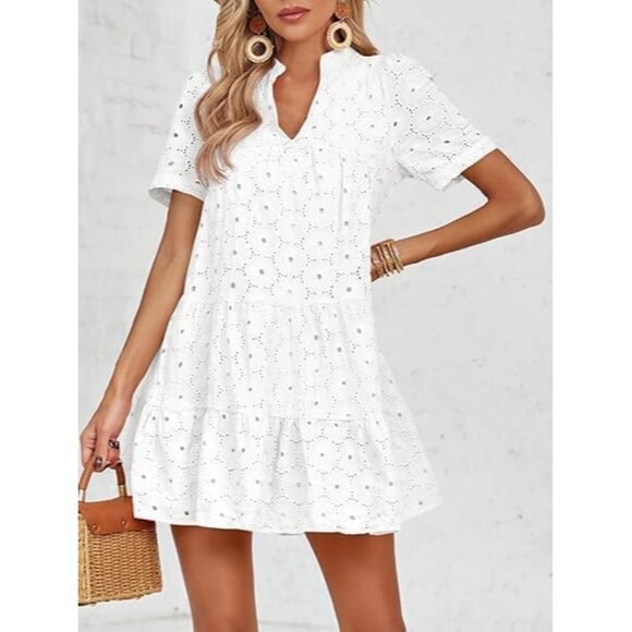 Womens Cotton Lace Summer Dress Short Sleeve V Neck Casual Flowy Tunic - Picture 5 of 5